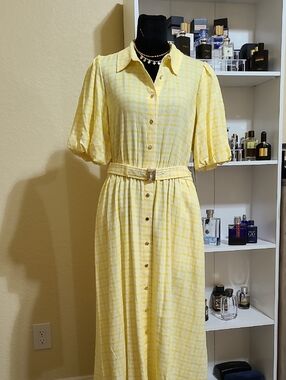 Karl Lagerfeld Yellow Gingham Maxi Shirt Dress with Belt Size 8